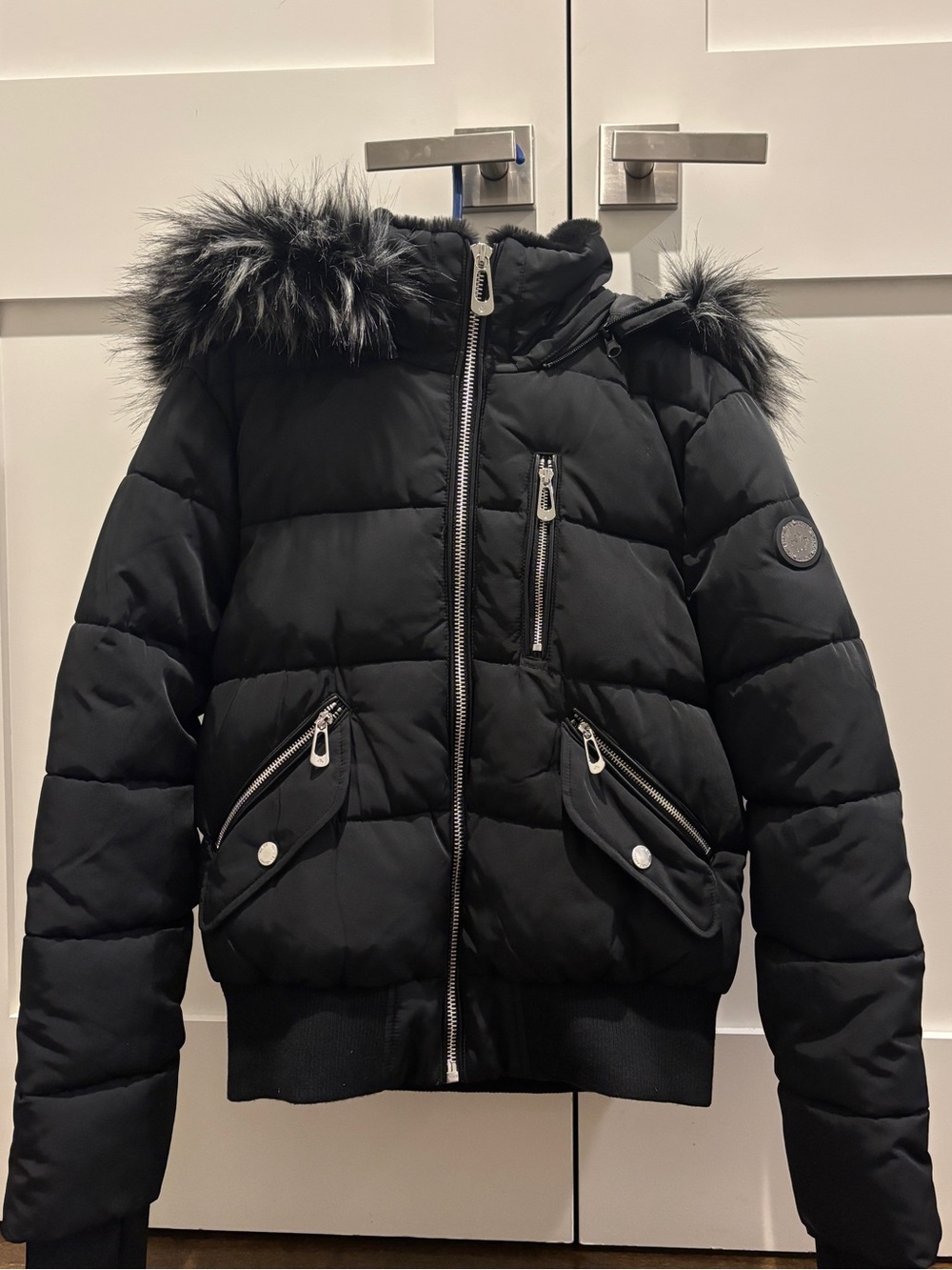 Noize Black Puffer Jacket with Faux Fur Hood Trim